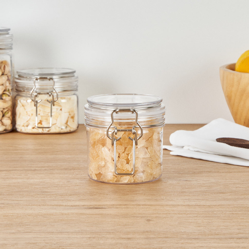 Met Lux 12 oz Round Clear Plastic Storage Jar - with Hinged Lid - 3 1/2" x 3 1/2" x 3 1/2" - 2 count box