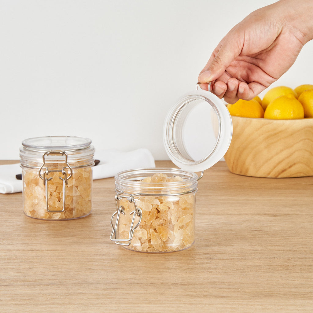 Met Lux 12 oz Round Clear Plastic Storage Jar - with Hinged Lid - 3 1/2" x 3 1/2" x 3 1/2" - 2 count box