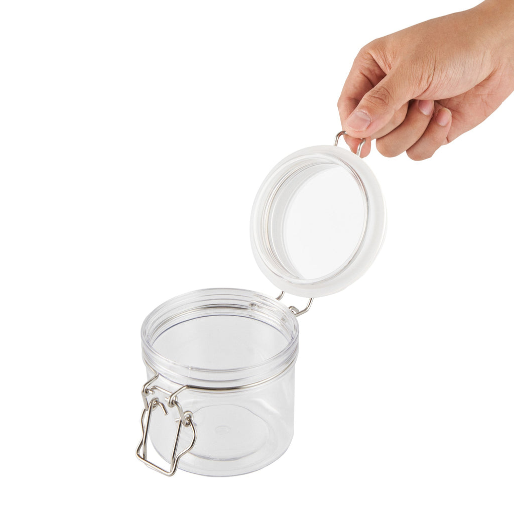 Met Lux 12 oz Round Clear Plastic Storage Jar - with Hinged Lid - 3 1/2" x 3 1/2" x 3 1/2" - 20 count box