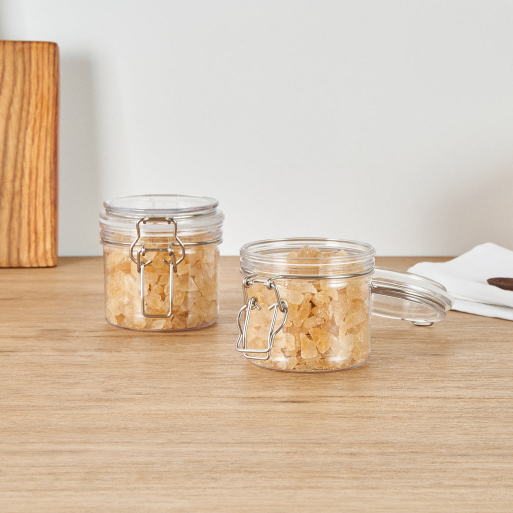 Met Lux 12 oz Round Clear Plastic Storage Jar - with Hinged Lid - 3 1/2" x 3 1/2" x 3 1/2" - 20 count box