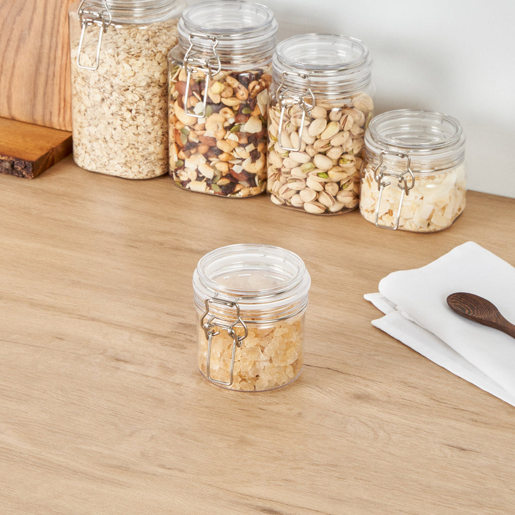 Met Lux 12 oz Round Clear Plastic Storage Jar - with Hinged Lid - 3 1/2" x 3 1/2" x 3 1/2" - 20 count box