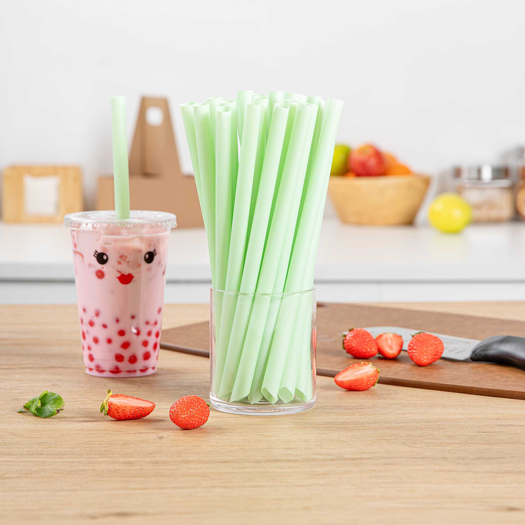 Basic Nature Green PLA Plastic Extra Wide Boba Straw - Unwrapped, Compostable, Pointed - 9" - 100 count box