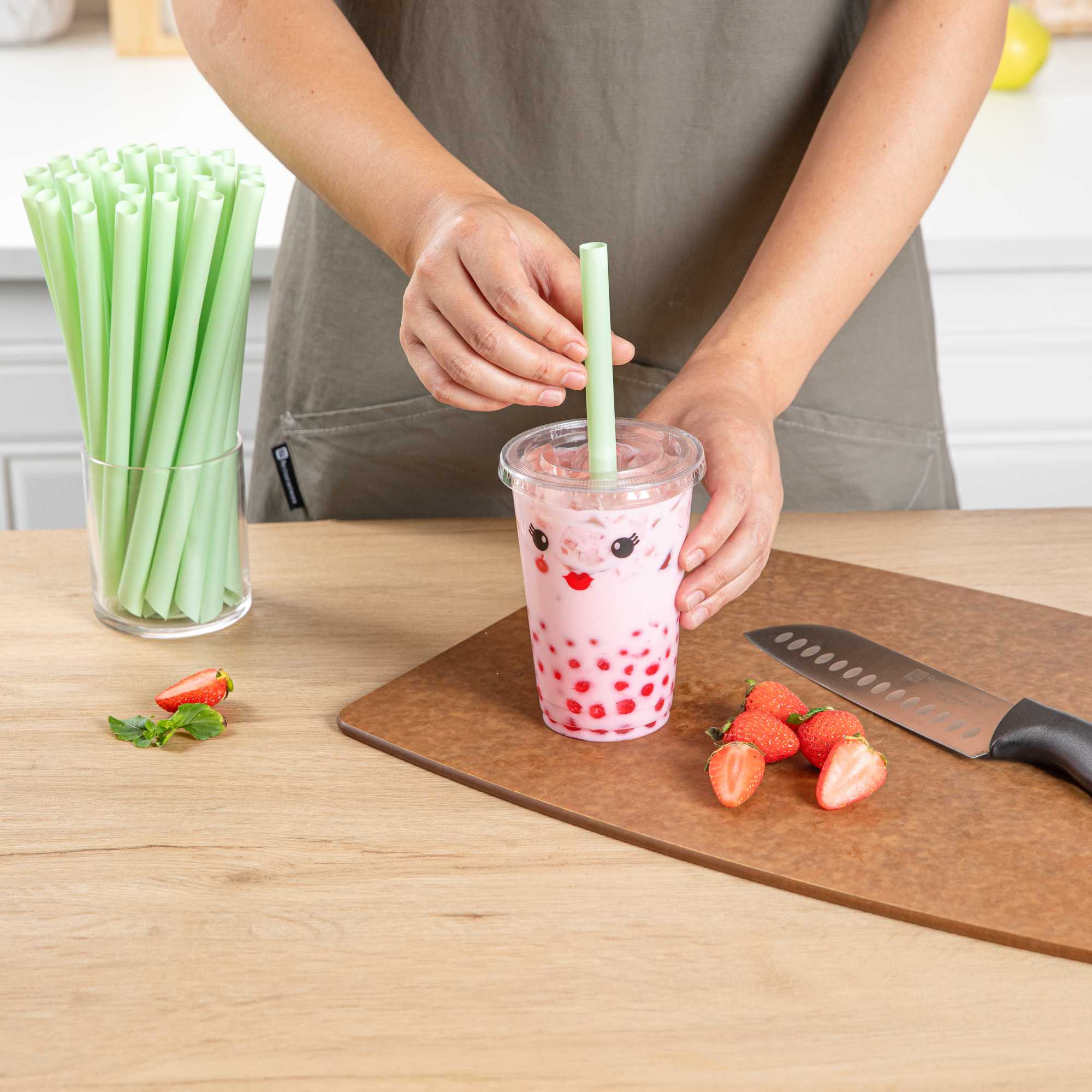 Basic Nature Green PLA Plastic Extra Wide Boba Straw - Unwrapped, Compostable, Pointed - 9" - 100 count box