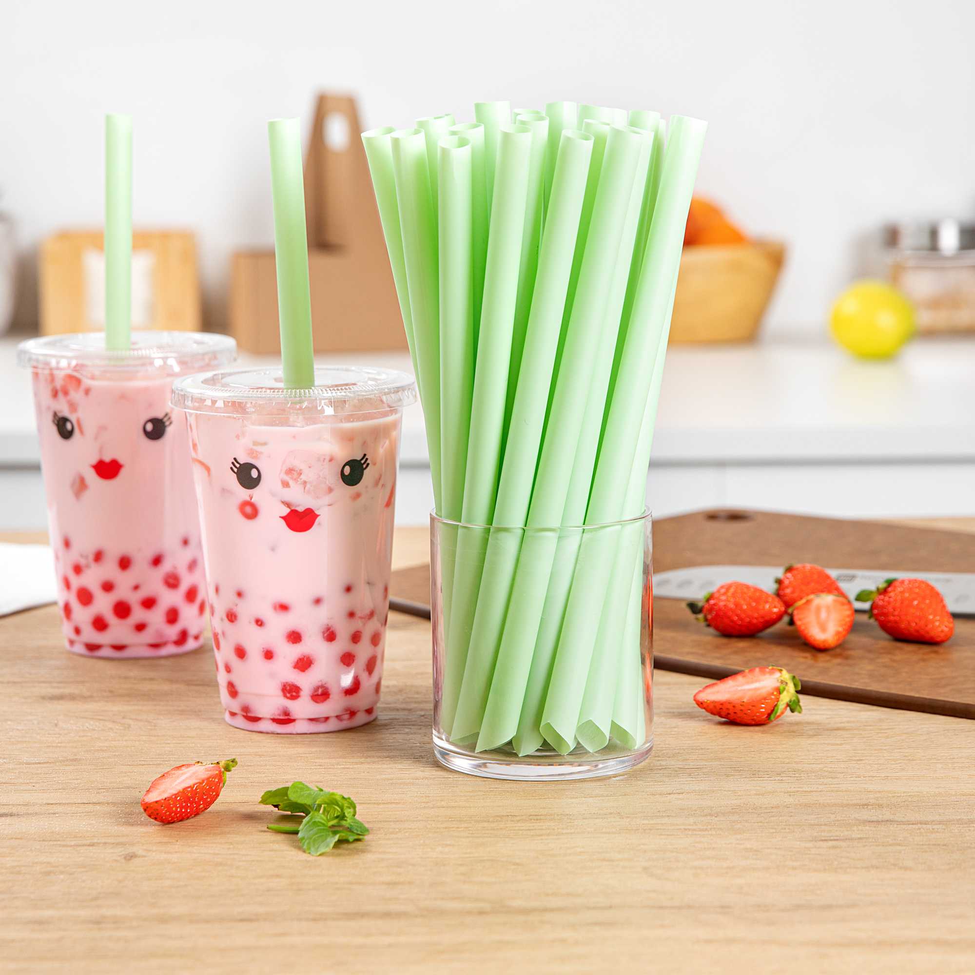Basic Nature Green PLA Plastic Extra Wide Boba Straw - Unwrapped, Compostable, Pointed - 9" - 100 count box