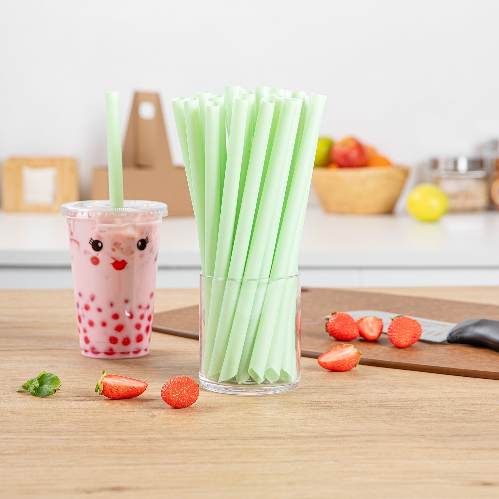 Basic Nature Green PLA Plastic Extra Wide Boba Straw - Unwrapped, Compostable, Pointed - 9" - 1000 count box