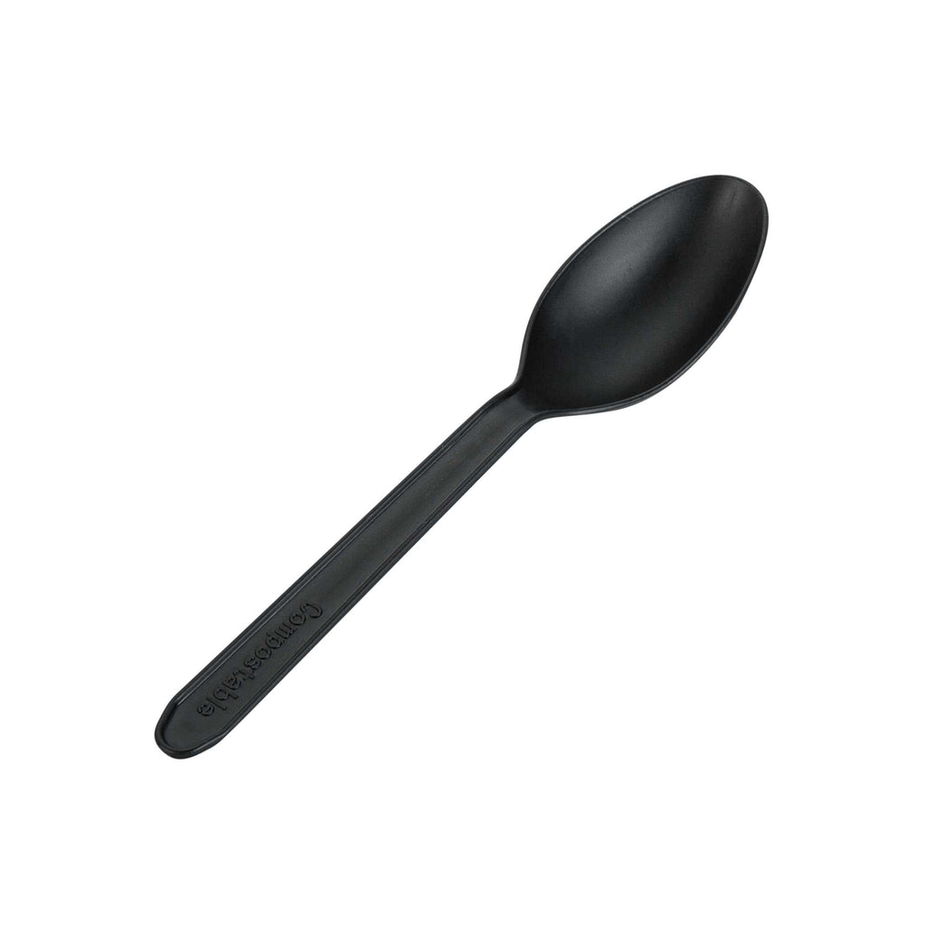 Basic Nature Black CPLA Plastic Dessert Spoon - Heat-Resistant, Compostable - 5" - 100 count box