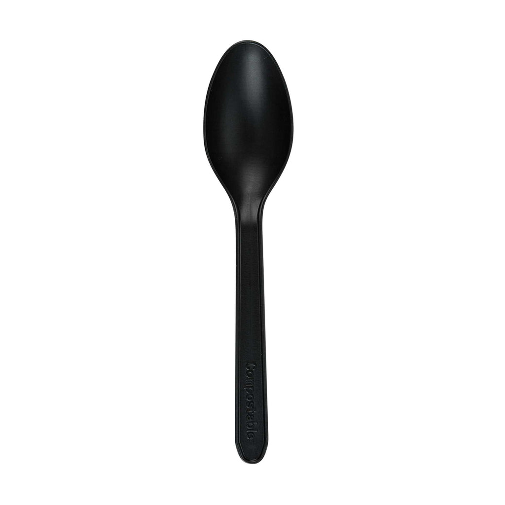 Basic Nature Black CPLA Plastic Dessert Spoon - Heat-Resistant, Compostable - 5" - 100 count box