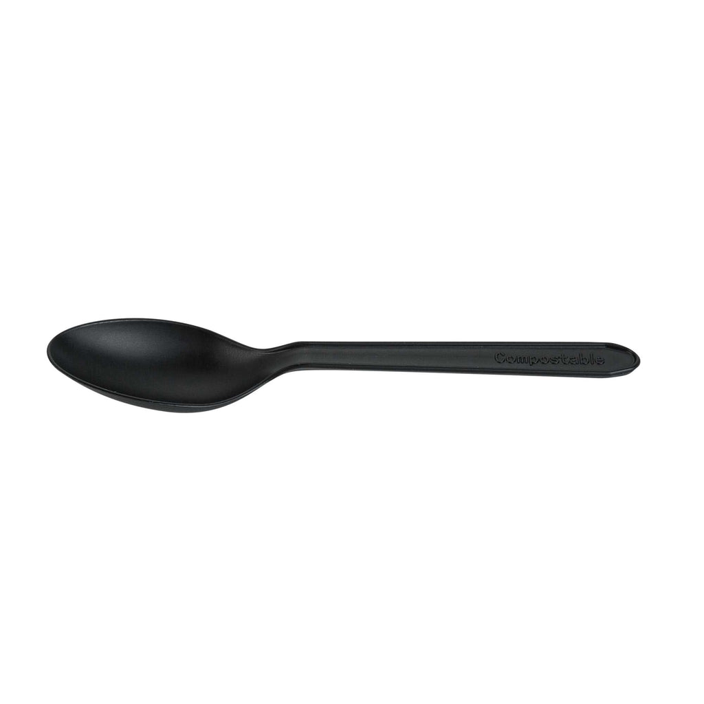 Basic Nature Black CPLA Plastic Dessert Spoon - Heat-Resistant, Compostable - 5" - 100 count box