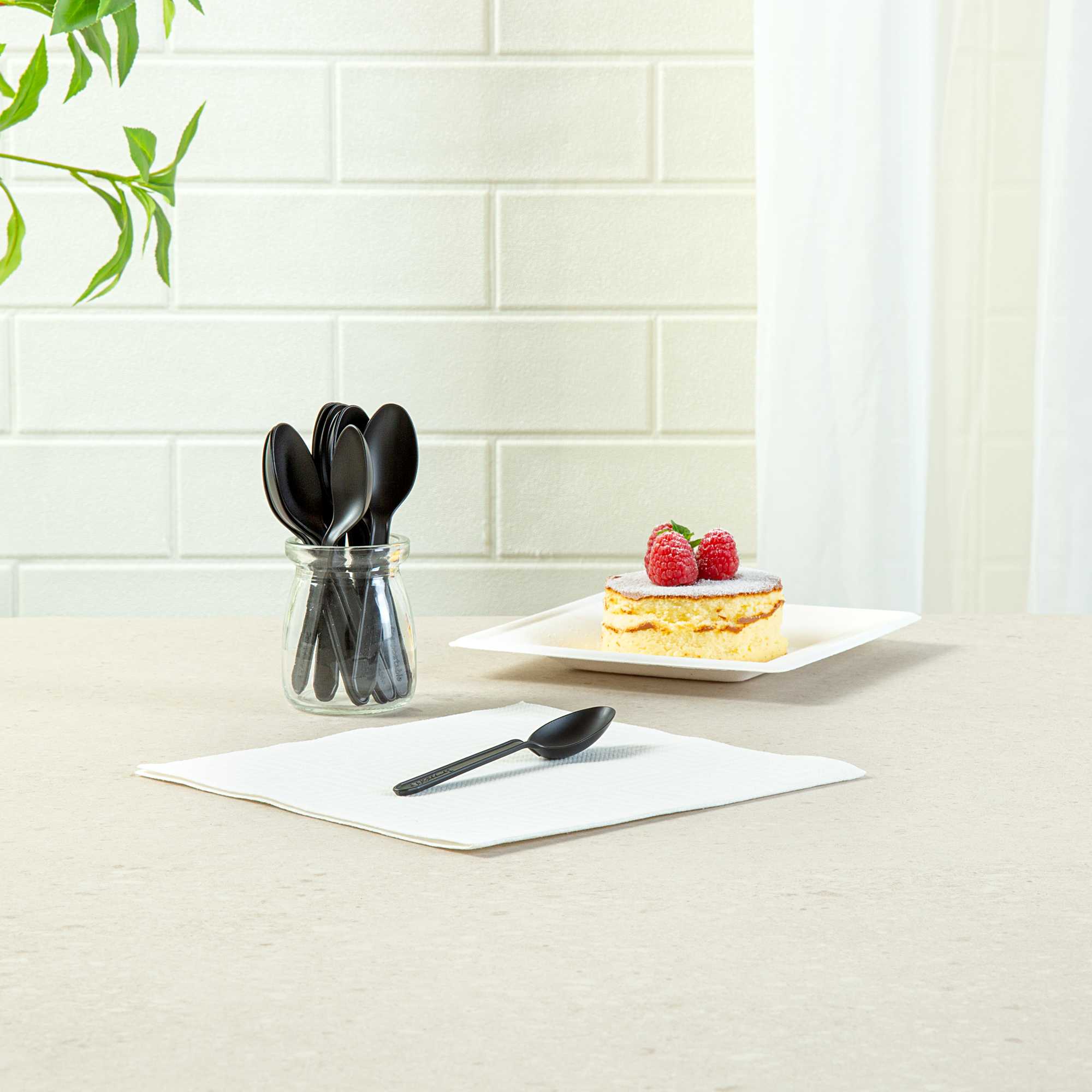 Basic Nature Black CPLA Plastic Dessert Spoon - Heat-Resistant, Compostable - 5" - 100 count box