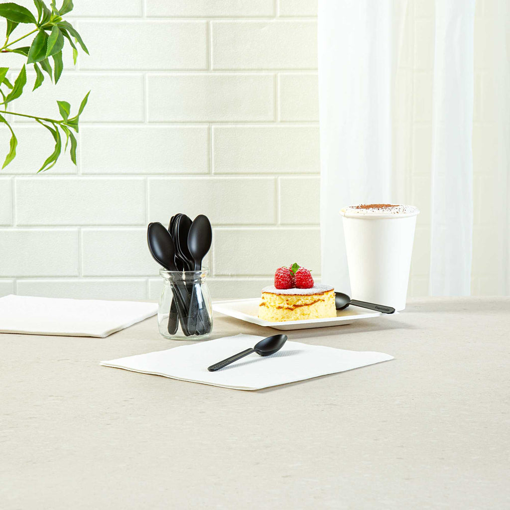 Basic Nature Black CPLA Plastic Dessert Spoon - Heat-Resistant, Compostable - 5" - 100 count box