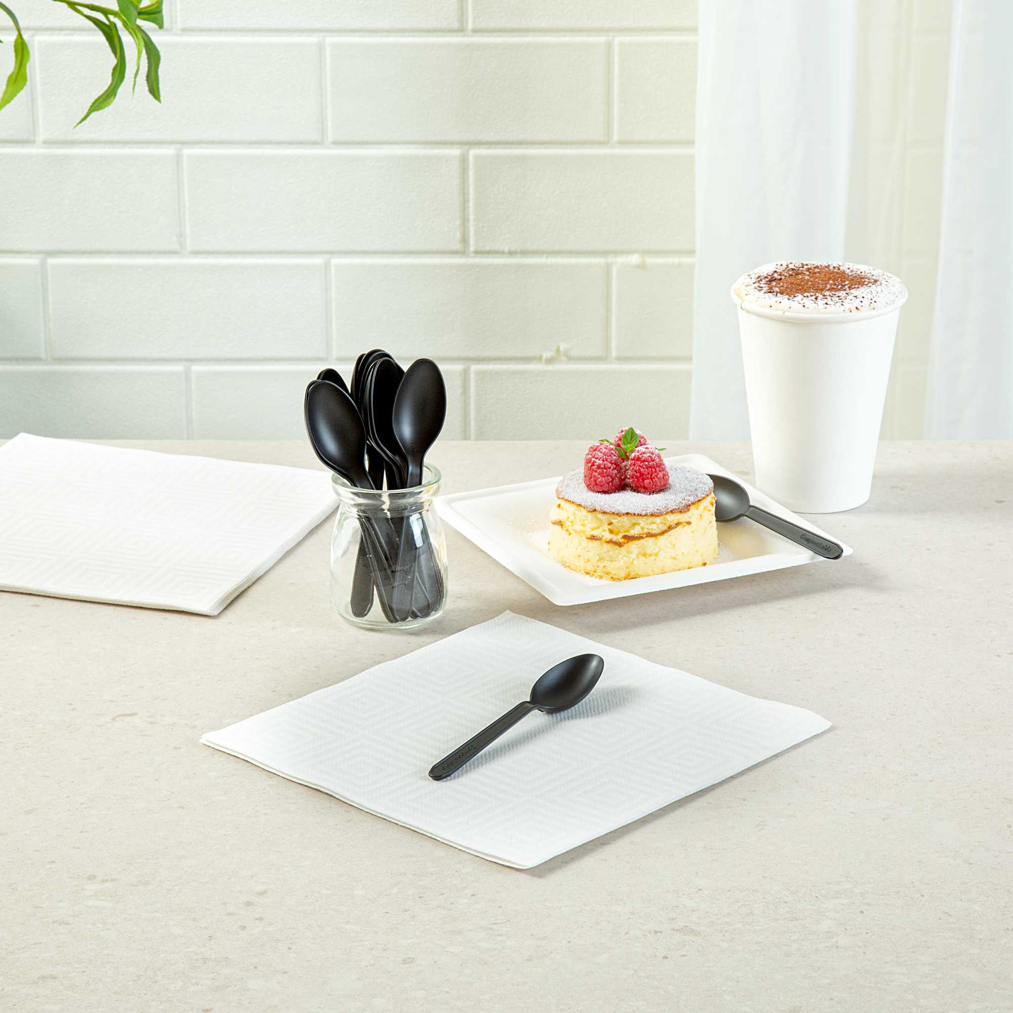 Basic Nature Black CPLA Plastic Dessert Spoon - Heat-Resistant, Compostable - 5" - 100 count box