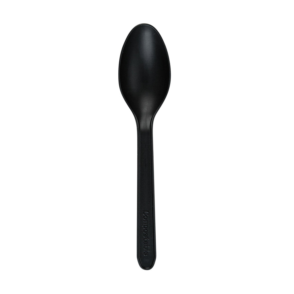 Basic Nature Black CPLA Plastic Dessert Spoon - Heat-Resistant, Compostable - 4" - 1000 count box