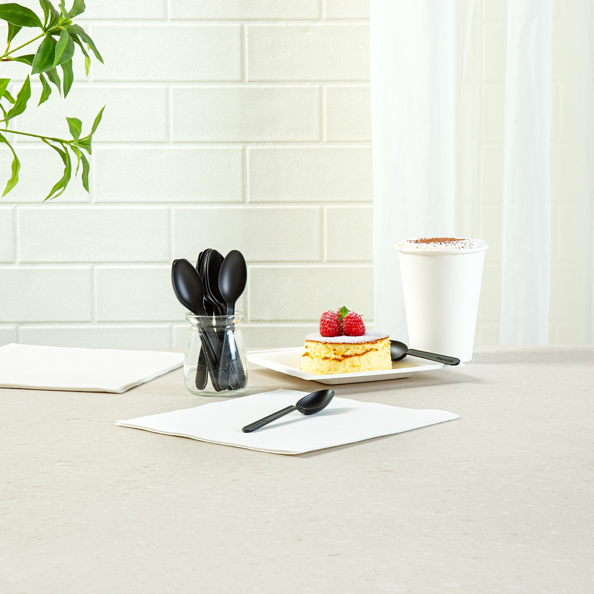 Basic Nature Black CPLA Plastic Dessert Spoon - Heat-Resistant, Compostable - 4" - 1000 count box