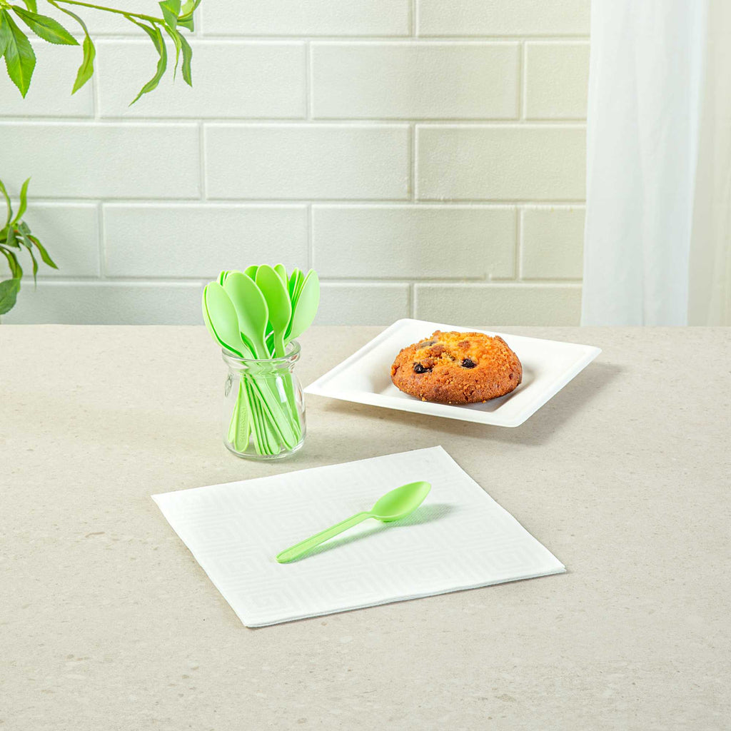 Basic Nature Green CPLA Plastic Dessert Spoon - Heat-Resistant, Compostable - 5" - 100 count box