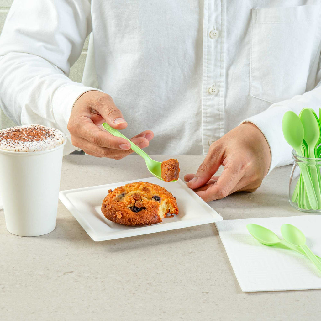 Basic Nature Green CPLA Plastic Dessert Spoon - Heat-Resistant, Compostable - 5" - 100 count box