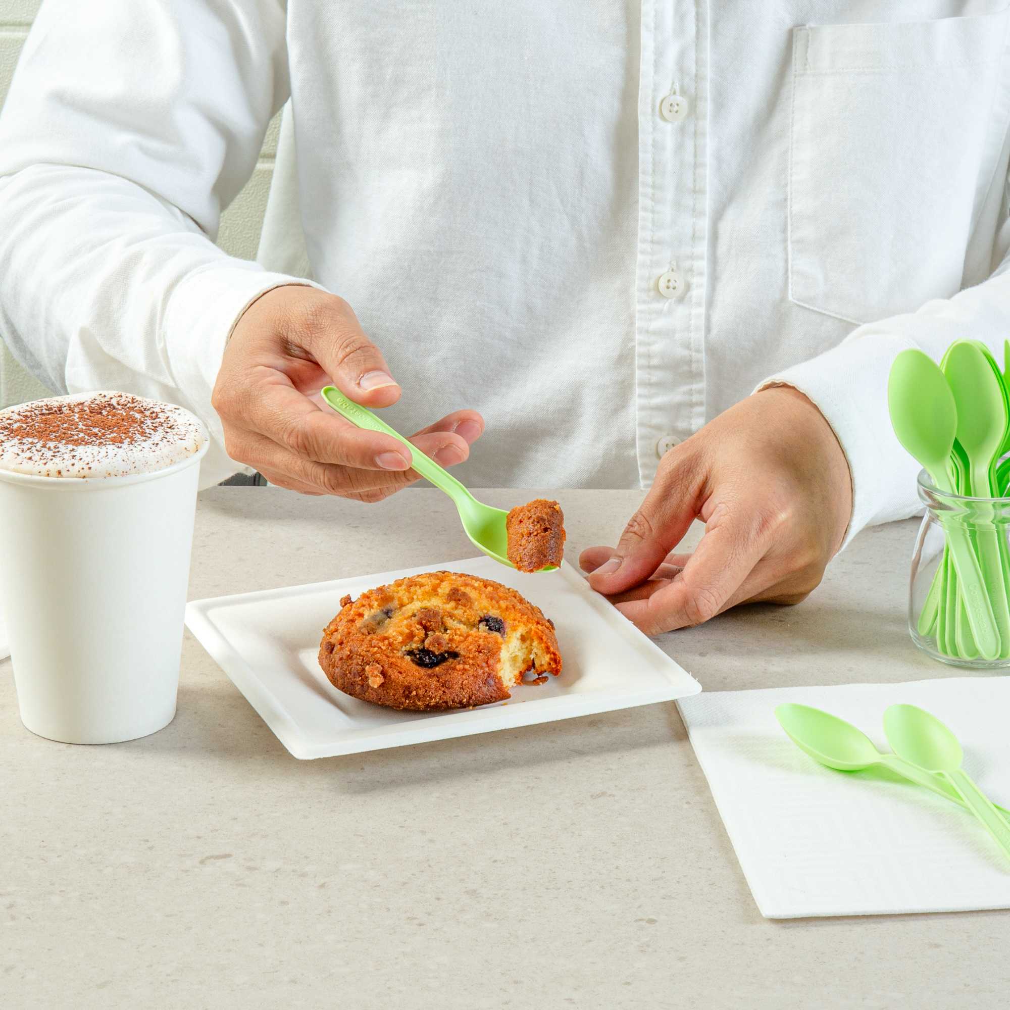 Basic Nature Green CPLA Plastic Dessert Spoon - Heat-Resistant, Compostable - 5" - 100 count box
