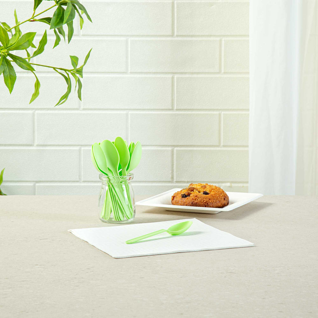 Basic Nature Green CPLA Plastic Dessert Spoon - Heat-Resistant, Compostable - 5" - 100 count box