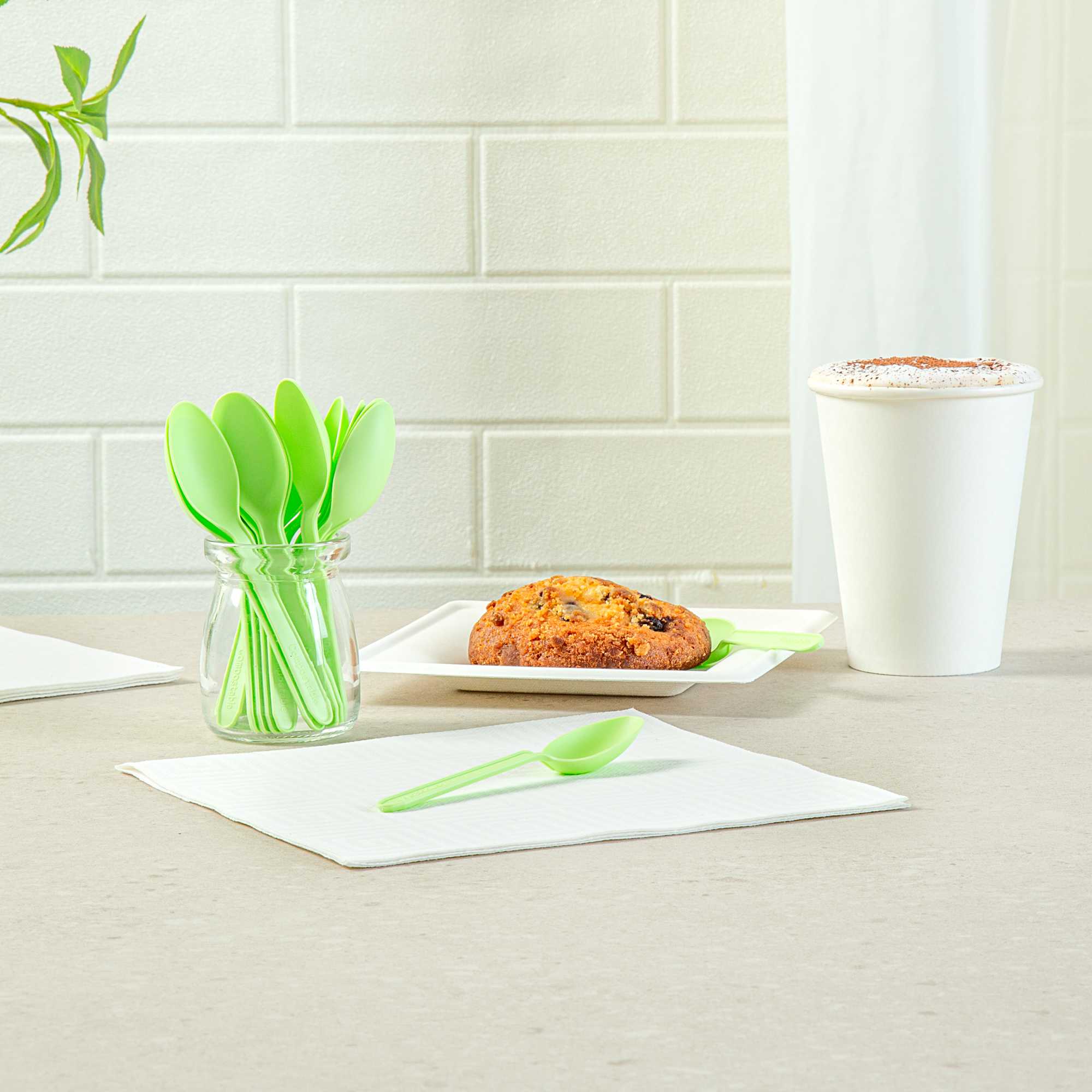 Basic Nature Green CPLA Plastic Dessert Spoon - Heat-Resistant, Compostable - 5" - 100 count box