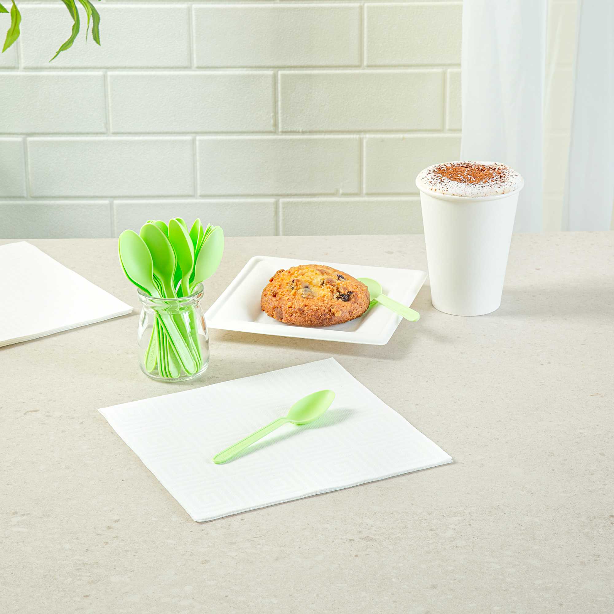 Basic Nature Green CPLA Plastic Dessert Spoon - Heat-Resistant, Compostable - 5" - 100 count box
