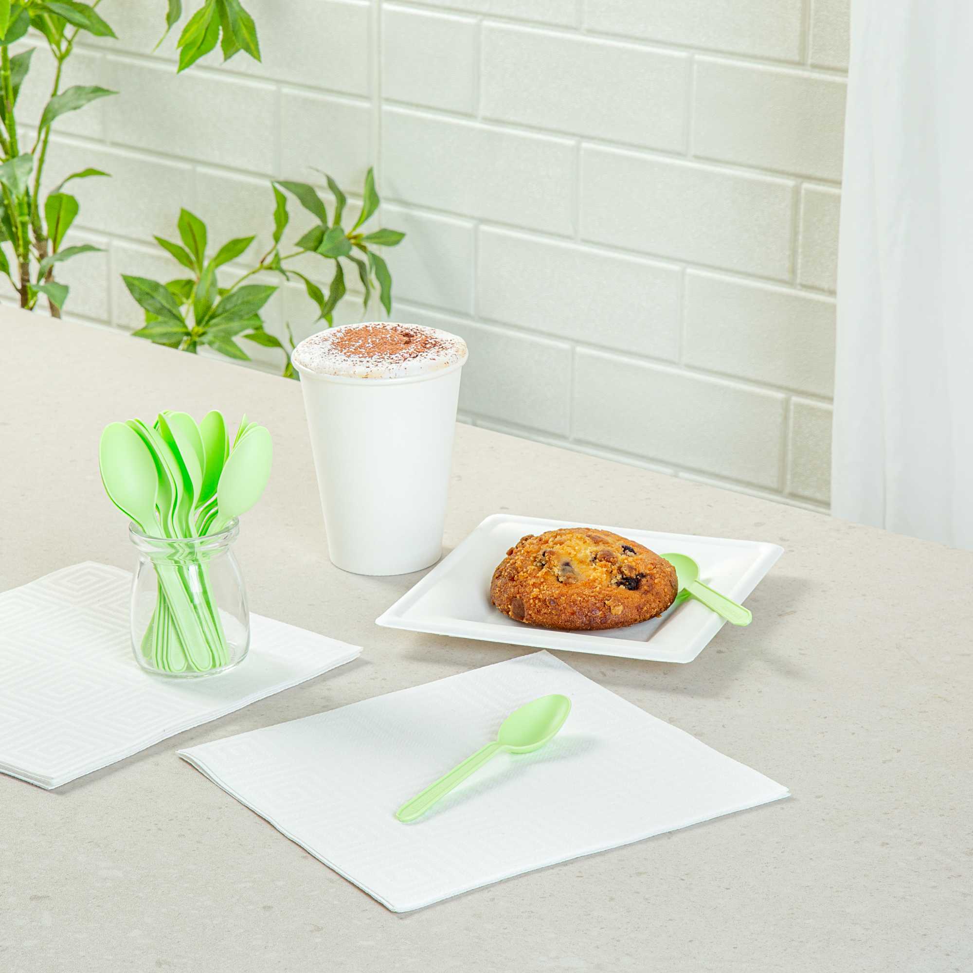 Basic Nature Green CPLA Plastic Dessert Spoon - Heat-Resistant, Compostable - 5" - 100 count box