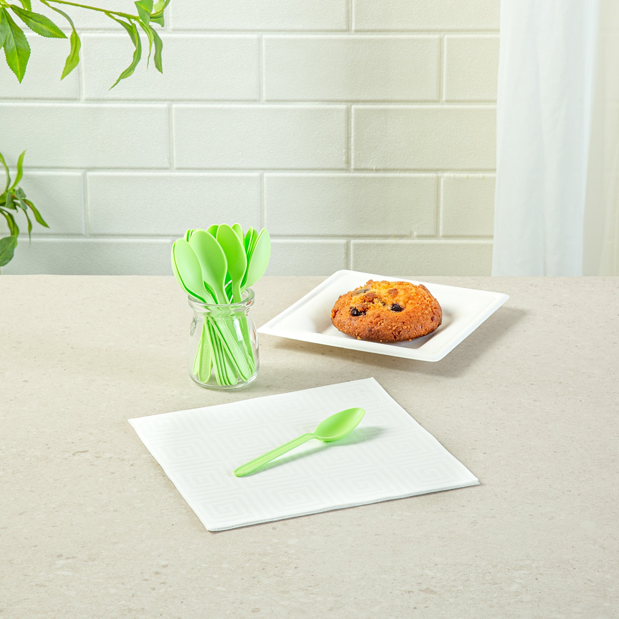 Basic Nature Green CPLA Plastic Dessert Spoon - Heat-Resistant, Compostable - 4" - 1000 count box
