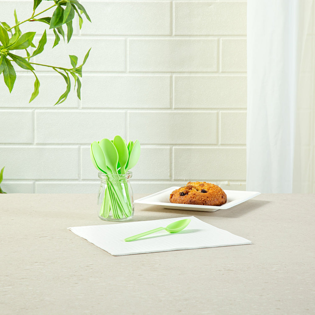 Basic Nature Green CPLA Plastic Dessert Spoon - Heat-Resistant, Compostable - 4" - 1000 count box