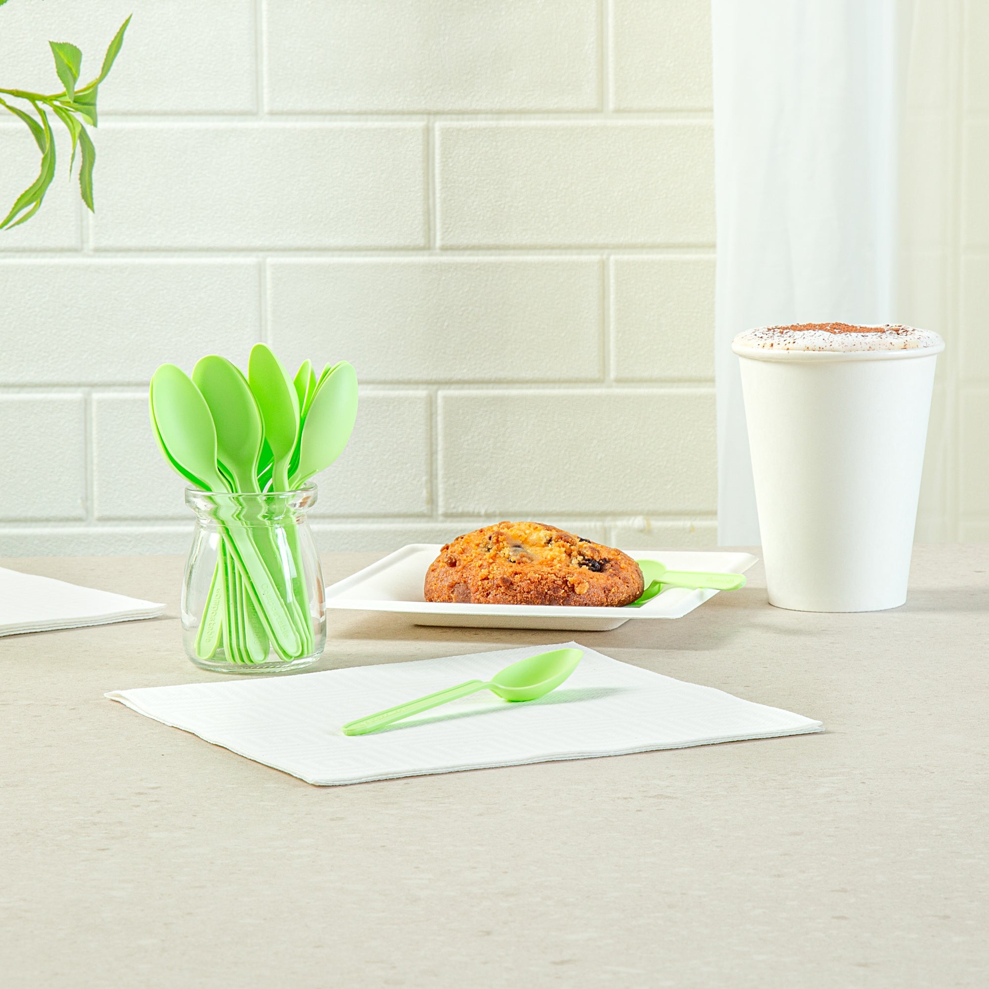 Basic Nature Green CPLA Plastic Dessert Spoon - Heat-Resistant, Compostable - 4" - 1000 count box
