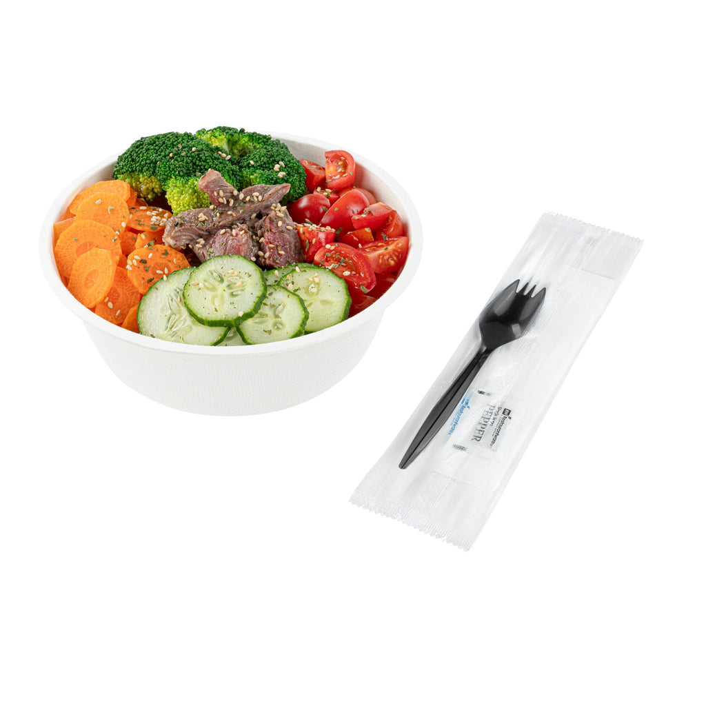 Chef 101 Black Plastic Spork - with Napkin and Salt / Pepper Packets, Medium Weight, Wrapped - 5 1/4" - 250 count box