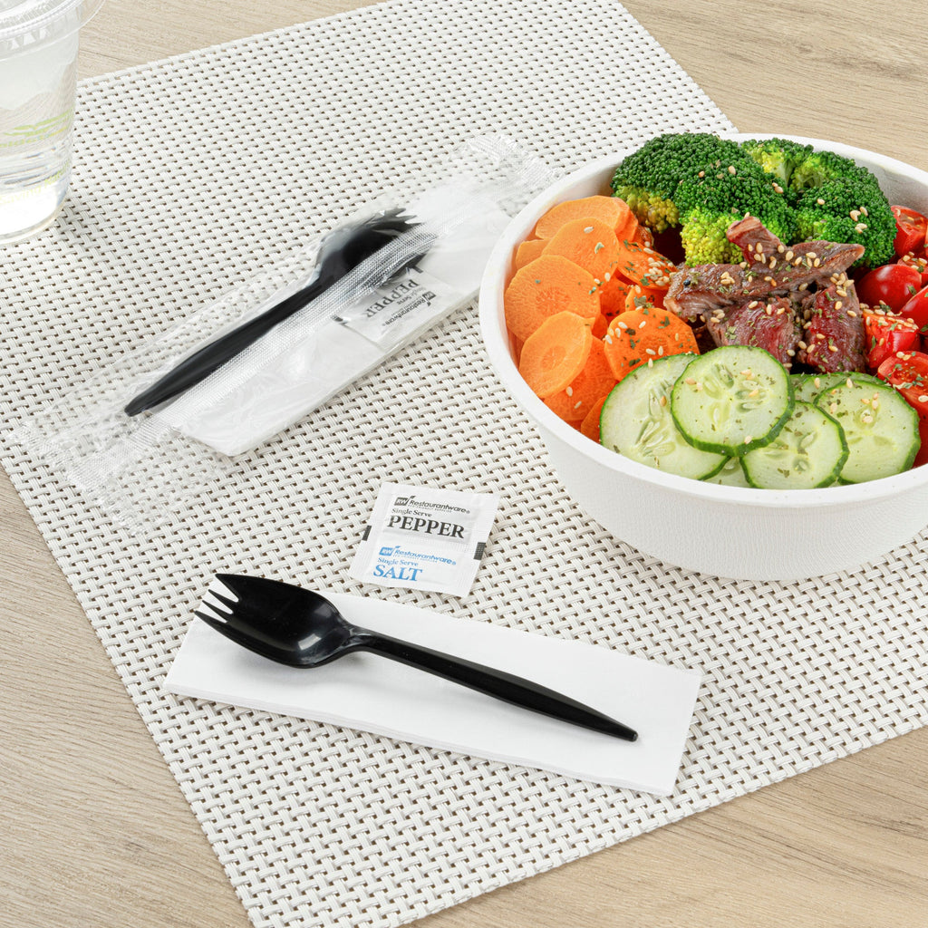 Chef 101 Black Plastic Spork - with Napkin and Salt / Pepper Packets, Medium Weight, Wrapped - 5 1/4" - 250 count box