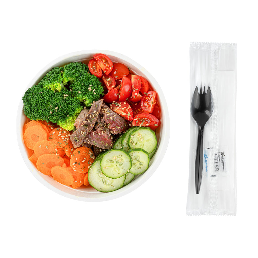 Chef 101 Black Plastic Spork - with Napkin and Salt / Pepper Packets, Medium Weight, Wrapped - 5 1/4" - 250 count box