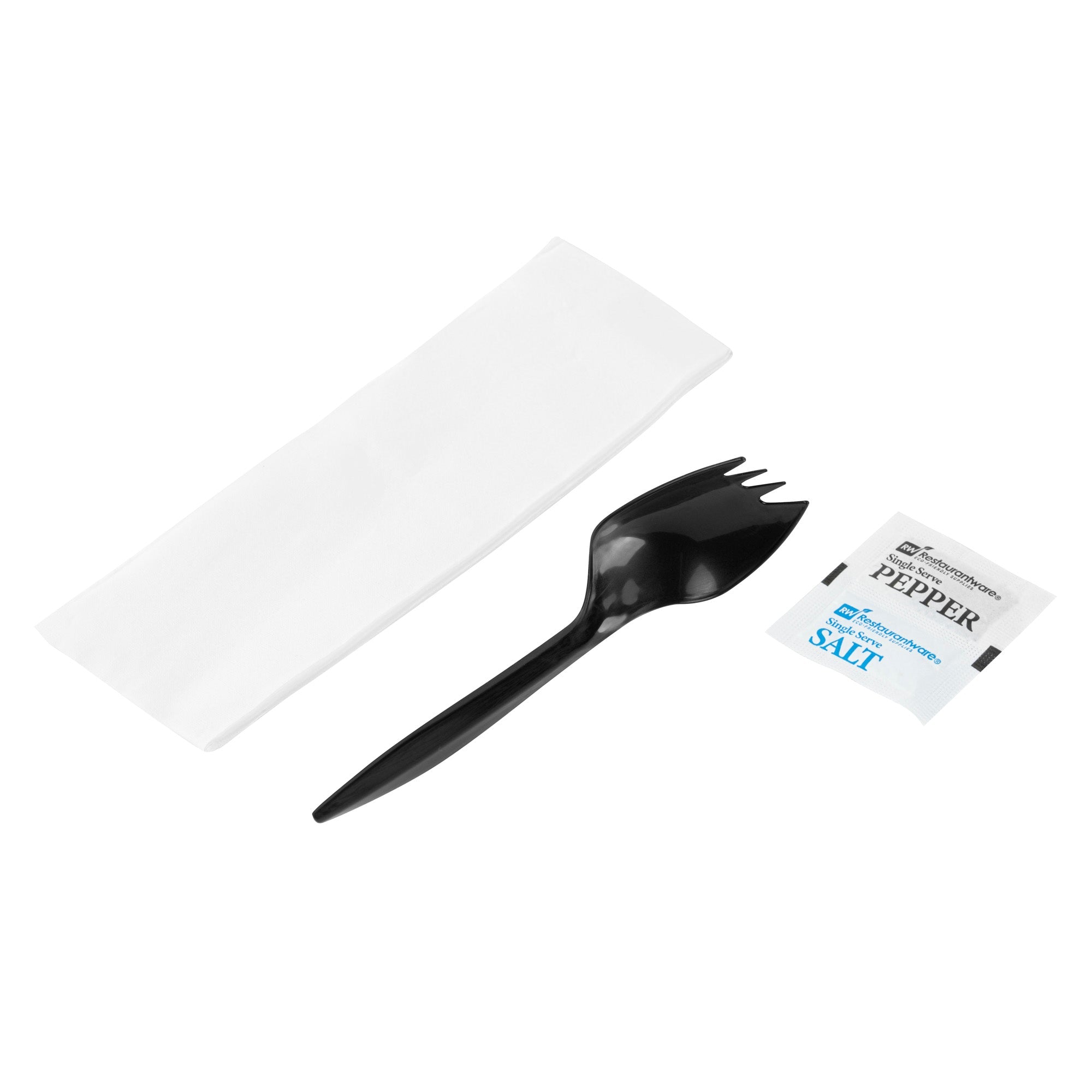 Chef 101 Black Plastic Spork - with Napkin and Salt / Pepper Packets, Medium Weight, Wrapped - 5 1/4" - 250 count box