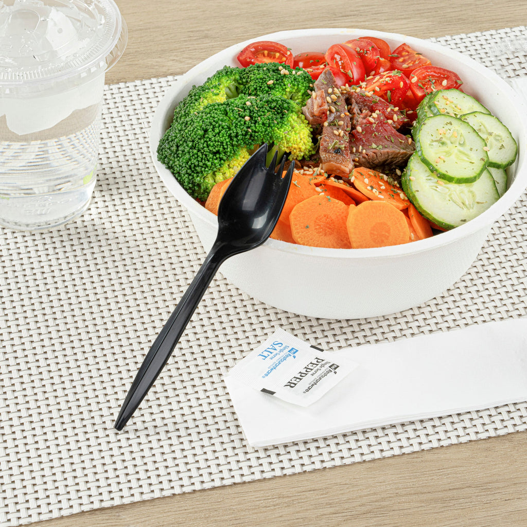 Chef 101 Black Plastic Spork - with Napkin and Salt / Pepper Packets, Medium Weight, Wrapped - 5 1/4" - 250 count box