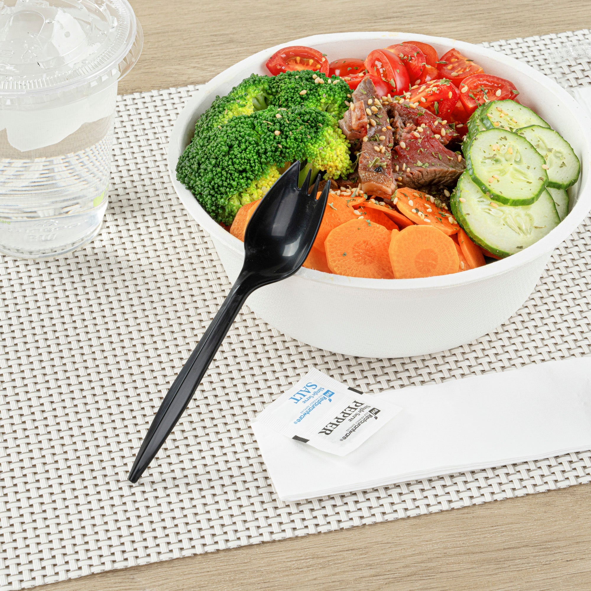 Chef 101 Black Plastic Spork - with Napkin and Salt / Pepper Packets, Medium Weight, Wrapped - 5 1/4" - 250 count box