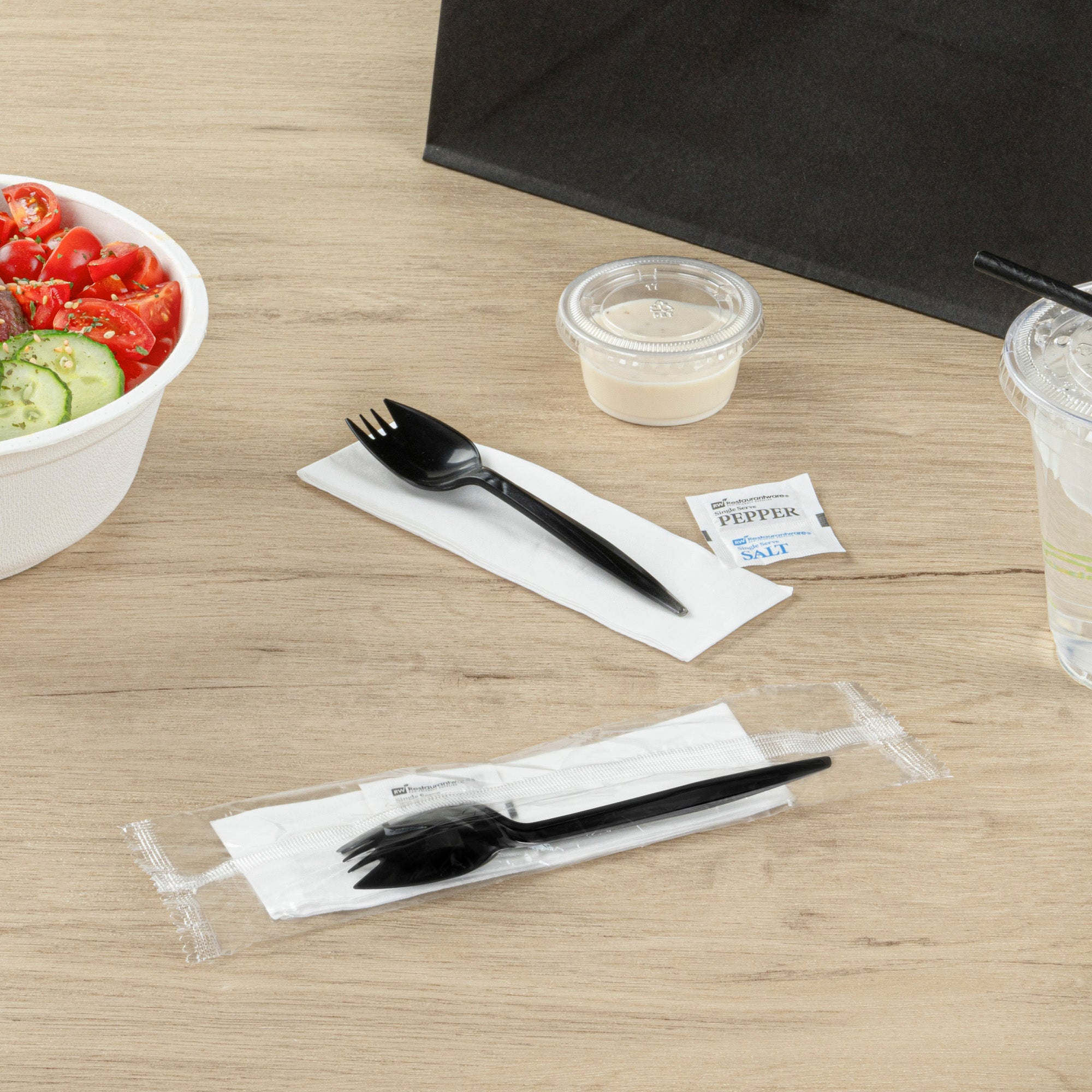 Chef 101 Black Plastic Spork - with Napkin and Salt / Pepper Packets, Medium Weight, Wrapped - 5 1/4" - 250 count box