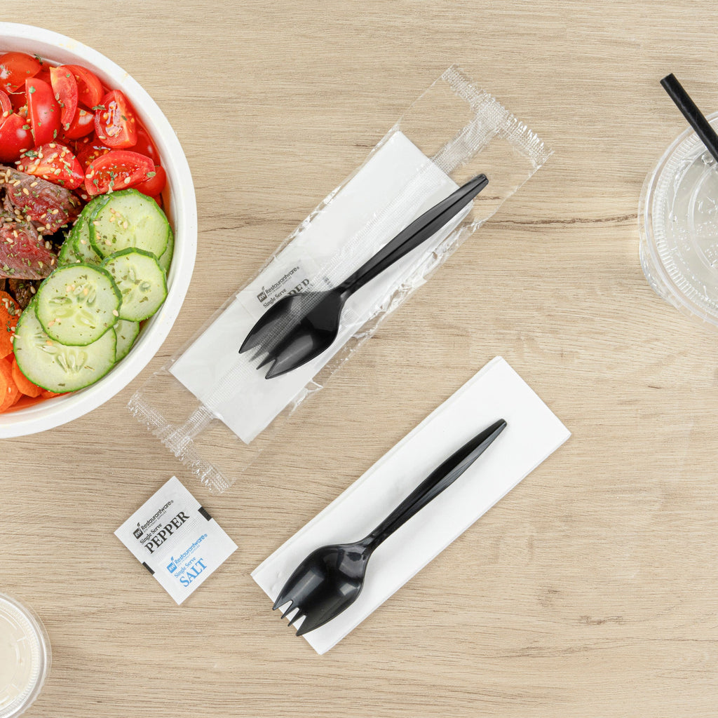 Chef 101 Black Plastic Spork - with Napkin and Salt / Pepper Packets, Medium Weight, Wrapped - 5 1/4" - 250 count box