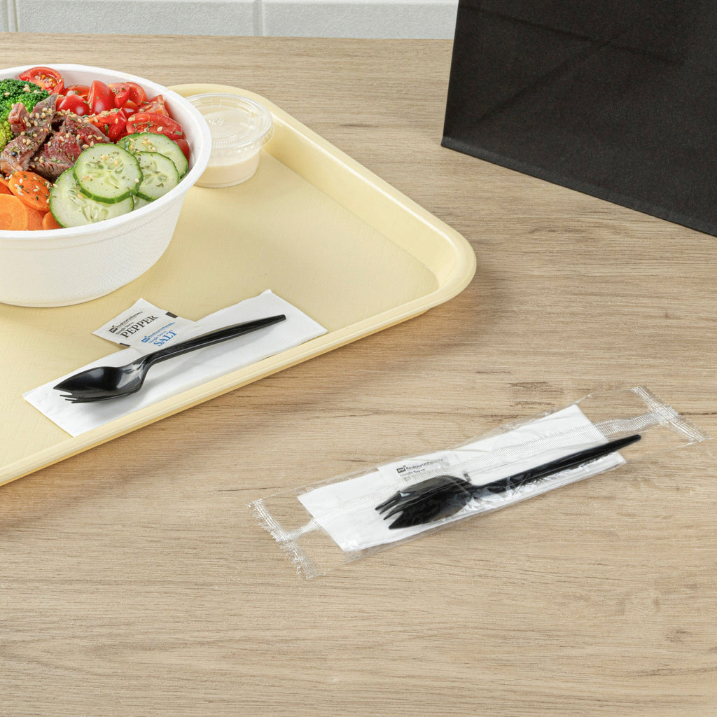 Chef 101 Black Plastic Spork - with Napkin and Salt / Pepper Packets, Medium Weight, Wrapped - 5 1/4" - 500 count box
