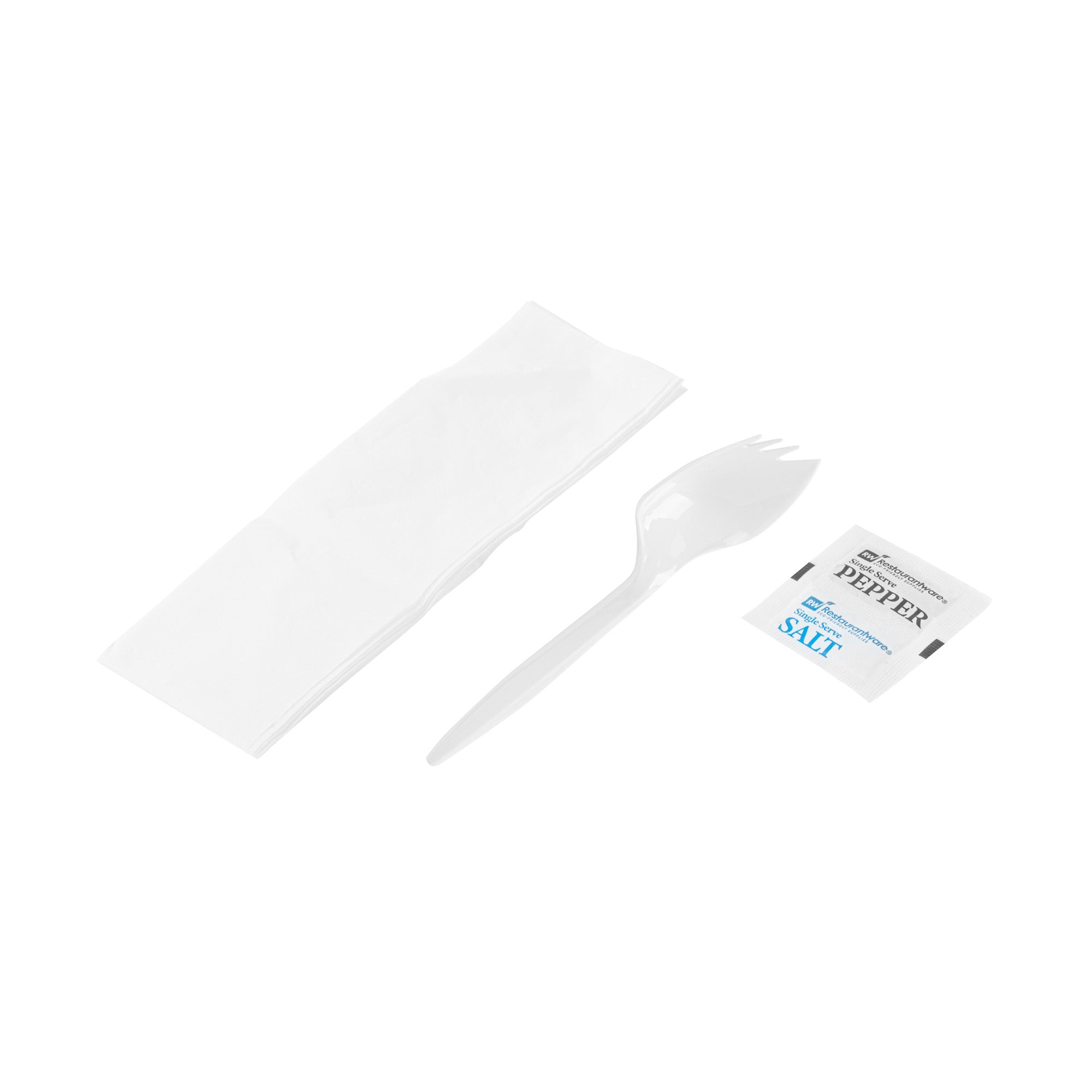 Chef 101 White Plastic Spork - with Napkin and Salt / Pepper Packets, Medium Weight, Wrapped - 5 1/4" - 250 count box