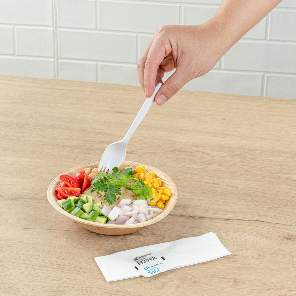 Chef 101 White Plastic Spork - with Napkin and Salt / Pepper Packets, Medium Weight, Wrapped - 5 1/4" - 250 count box