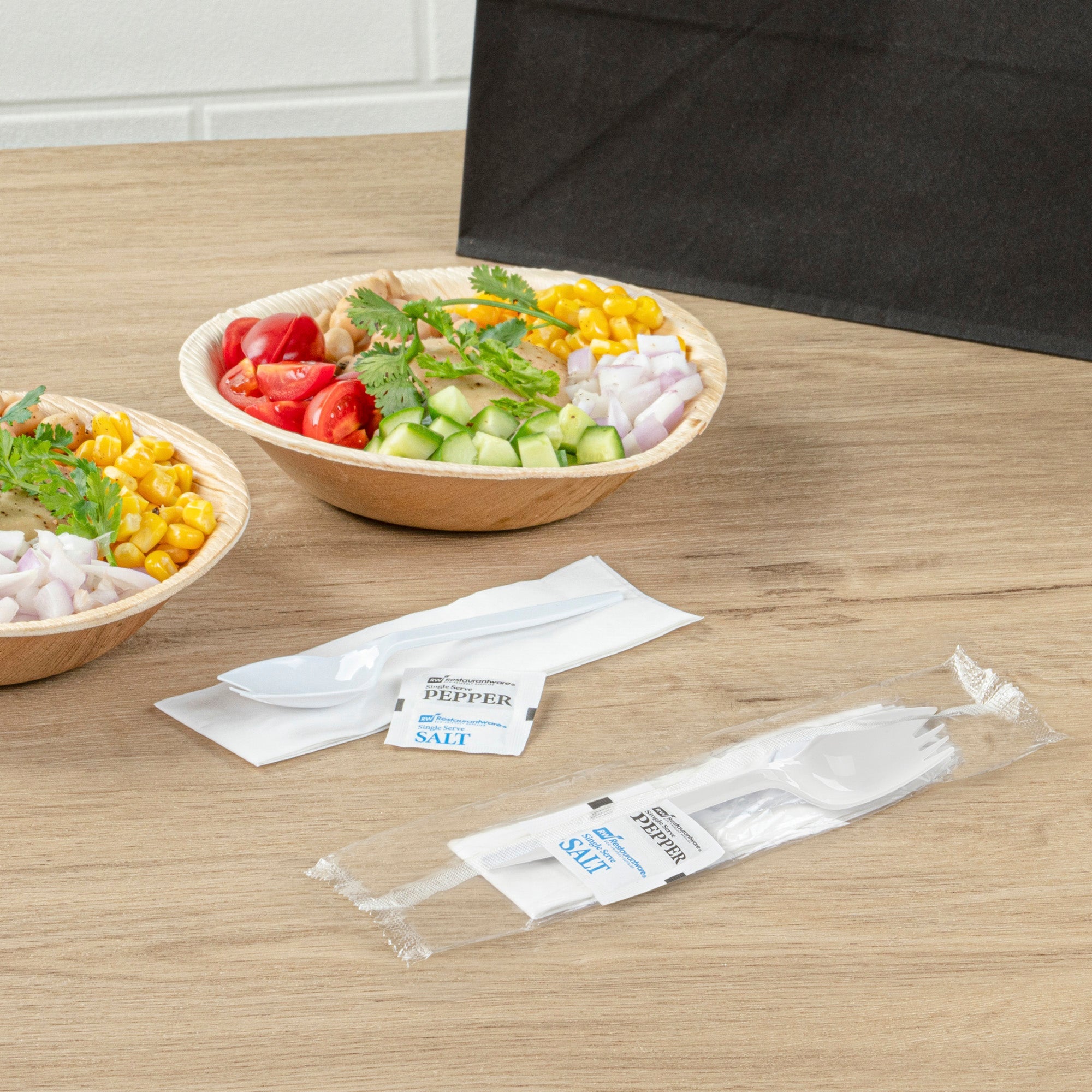 Chef 101 White Plastic Spork - with Napkin and Salt / Pepper Packets, Medium Weight, Wrapped - 5 1/4" - 250 count box