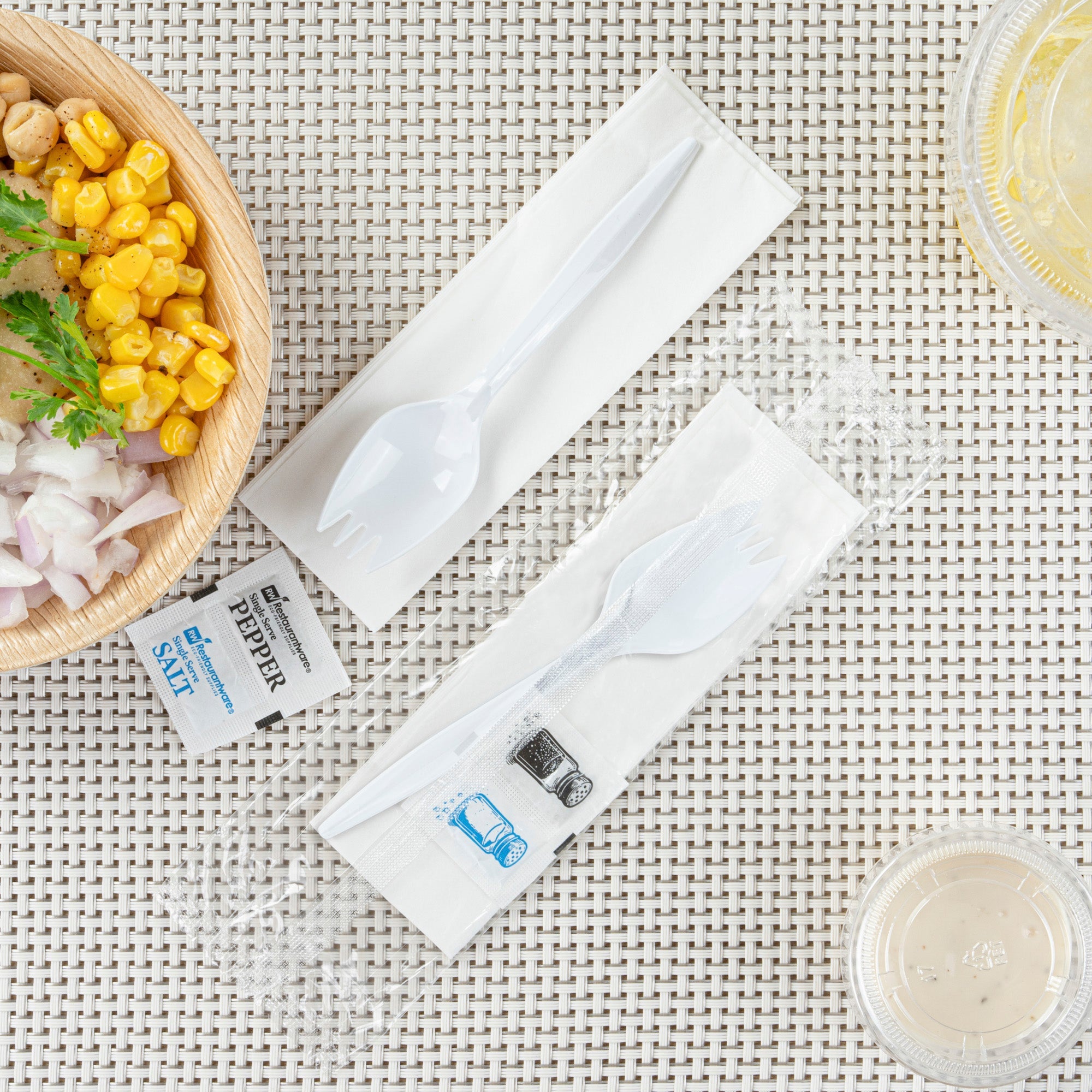 Chef 101 White Plastic Spork - with Napkin and Salt / Pepper Packets, Medium Weight, Wrapped - 5 1/4" - 250 count box