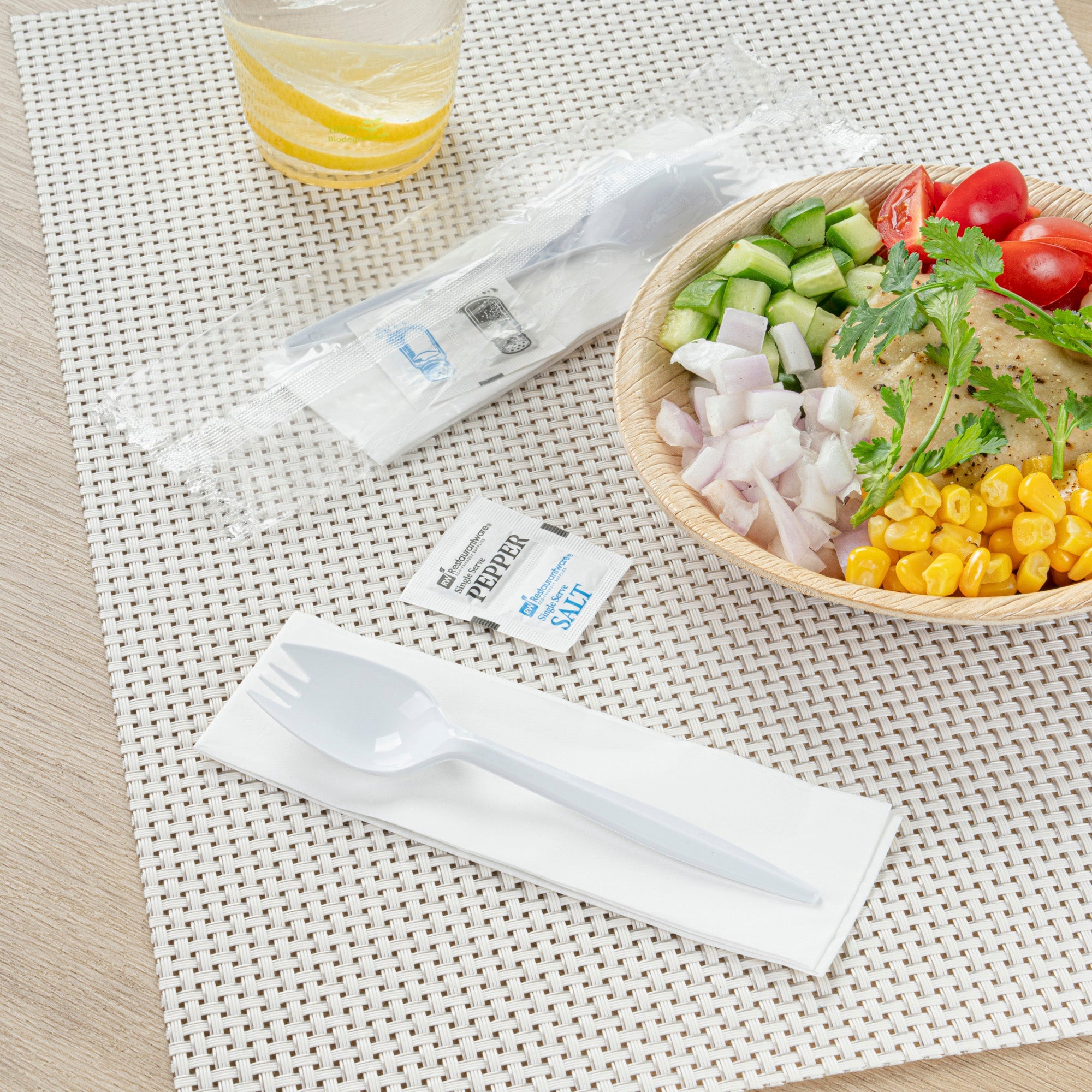 Chef 101 White Plastic Spork - with Napkin and Salt / Pepper Packets, Medium Weight, Wrapped - 5 1/4" - 500 count box