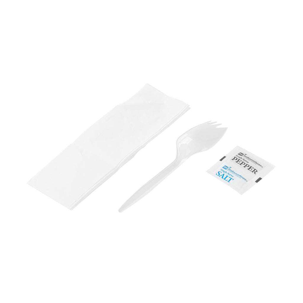 Chef 101 White Plastic Spork - with Napkin and Salt / Pepper Packets, Medium Weight, Wrapped - 5 1/4" - 500 count box