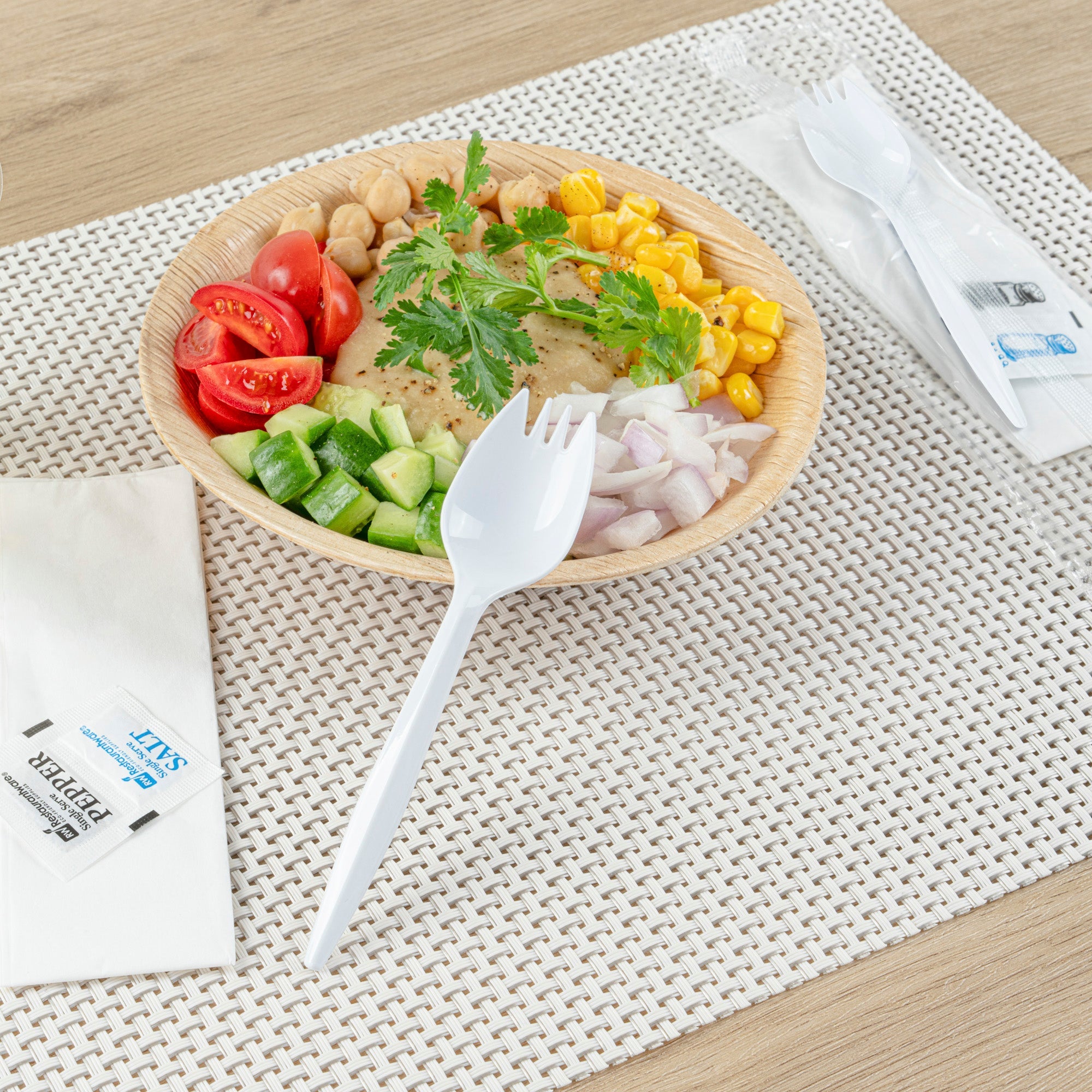 Chef 101 White Plastic Spork - with Napkin and Salt / Pepper Packets, Medium Weight, Wrapped - 5 1/4" - 500 count box