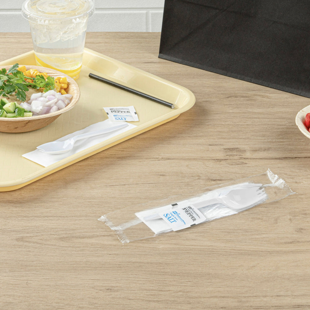 Chef 101 White Plastic Spork - with Napkin and Salt / Pepper Packets, Medium Weight, Wrapped - 5 1/4" - 500 count box