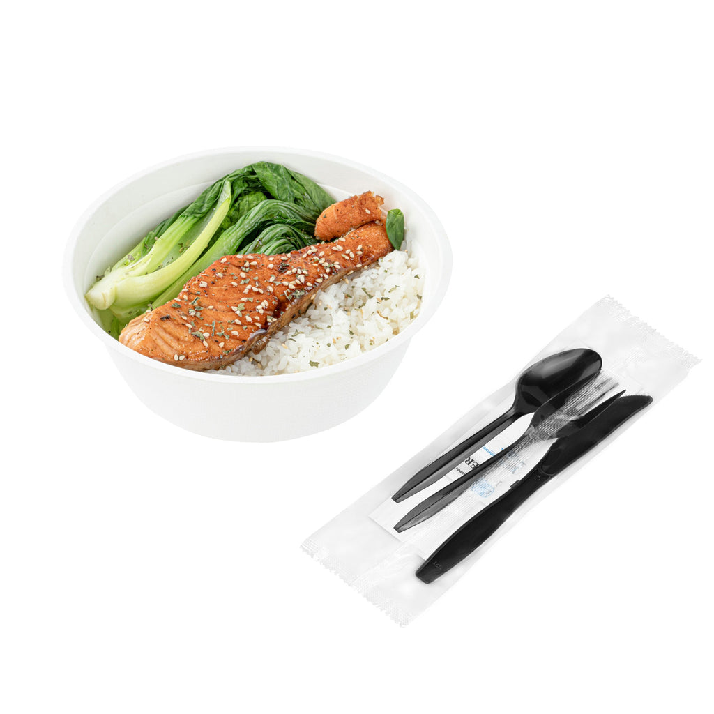 Chef 101 Black Plastic Cutlery Set - with Napkin and Salt / Pepper Packets, Medium Weight, Wrapped - 6 1/2" - 250 count box