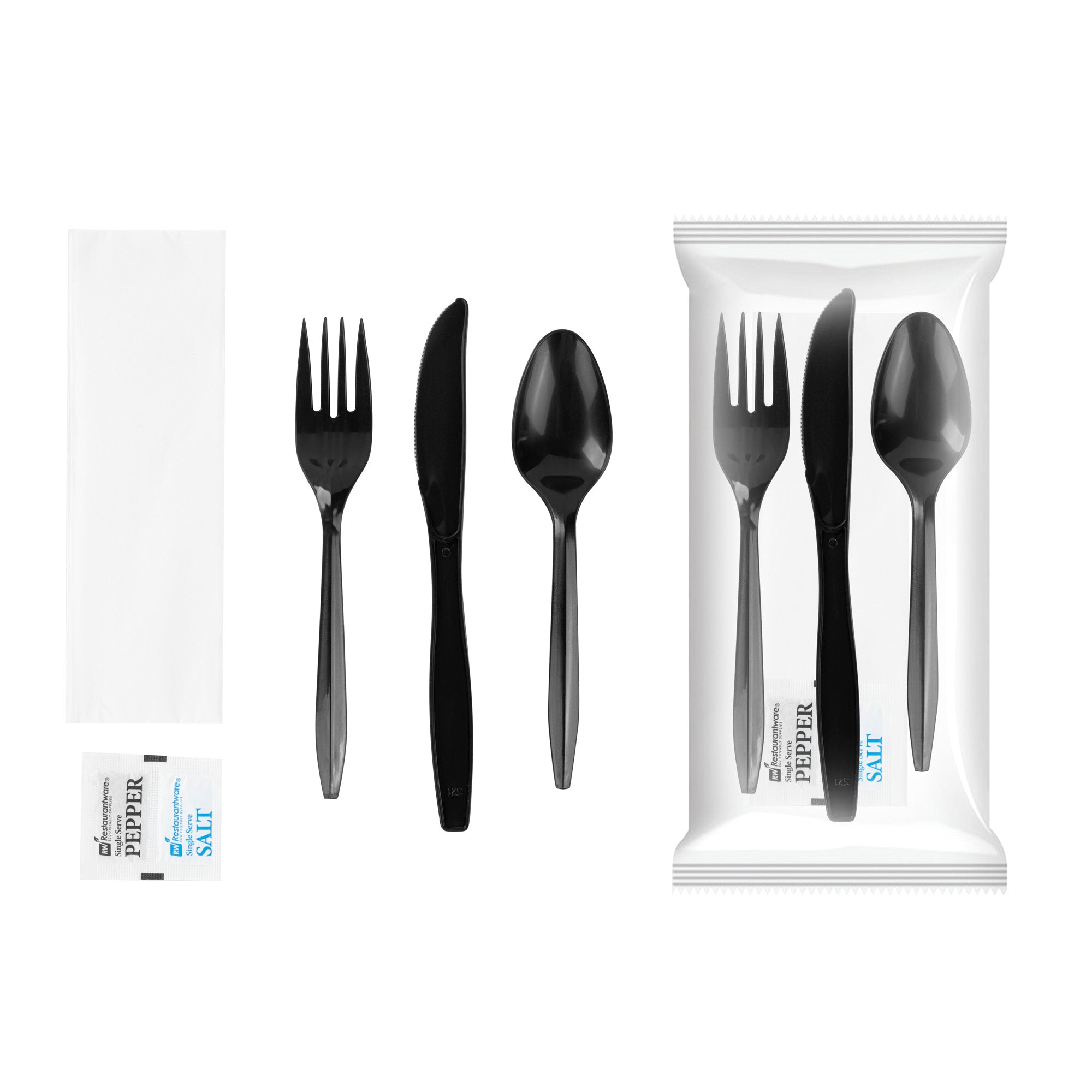 Chef 101 Black Plastic Cutlery Set - with Napkin and Salt / Pepper Packets, Medium Weight, Wrapped - 6 1/2" - 250 count box