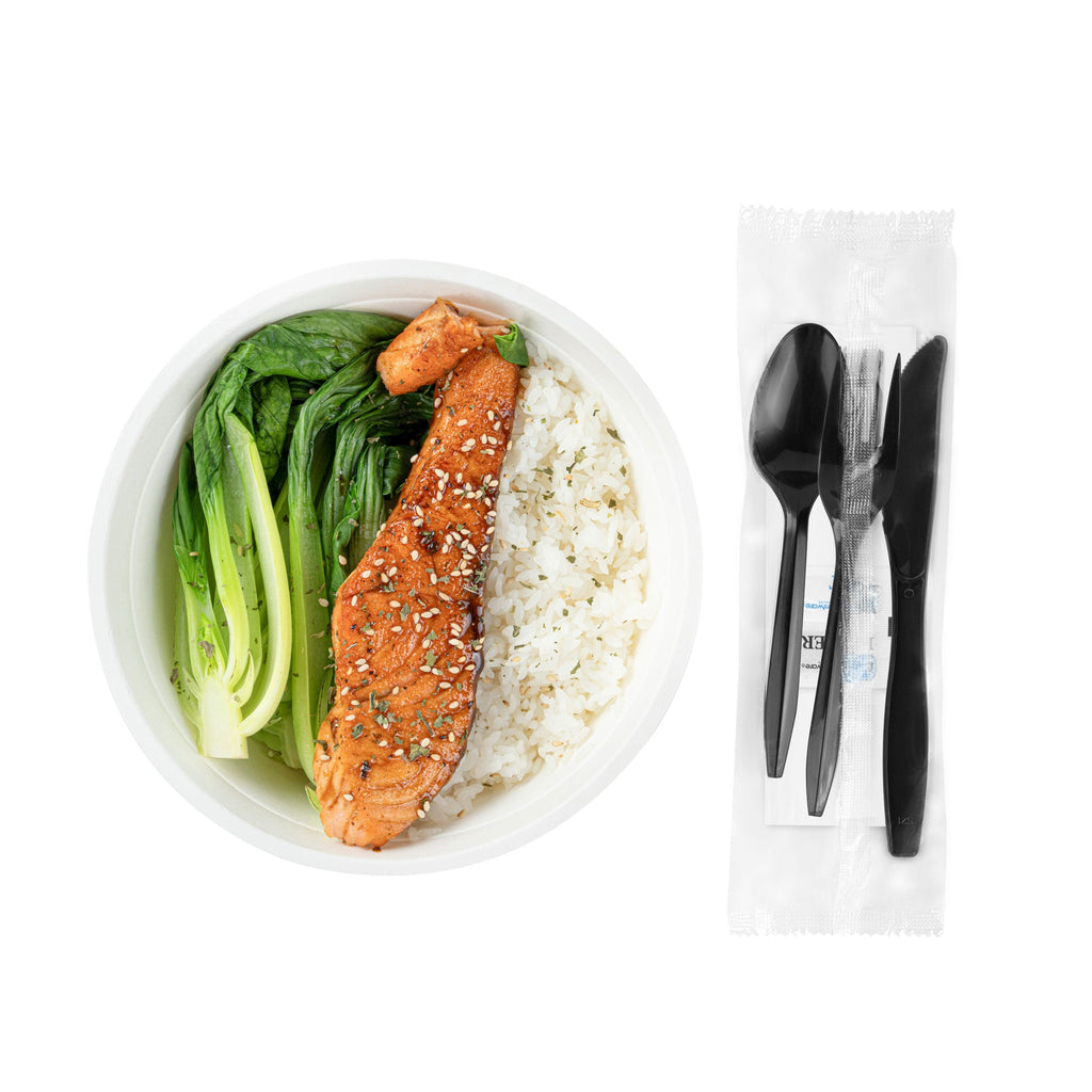 Chef 101 Black Plastic Cutlery Set - with Napkin and Salt / Pepper Packets, Medium Weight, Wrapped - 6 1/2" - 250 count box