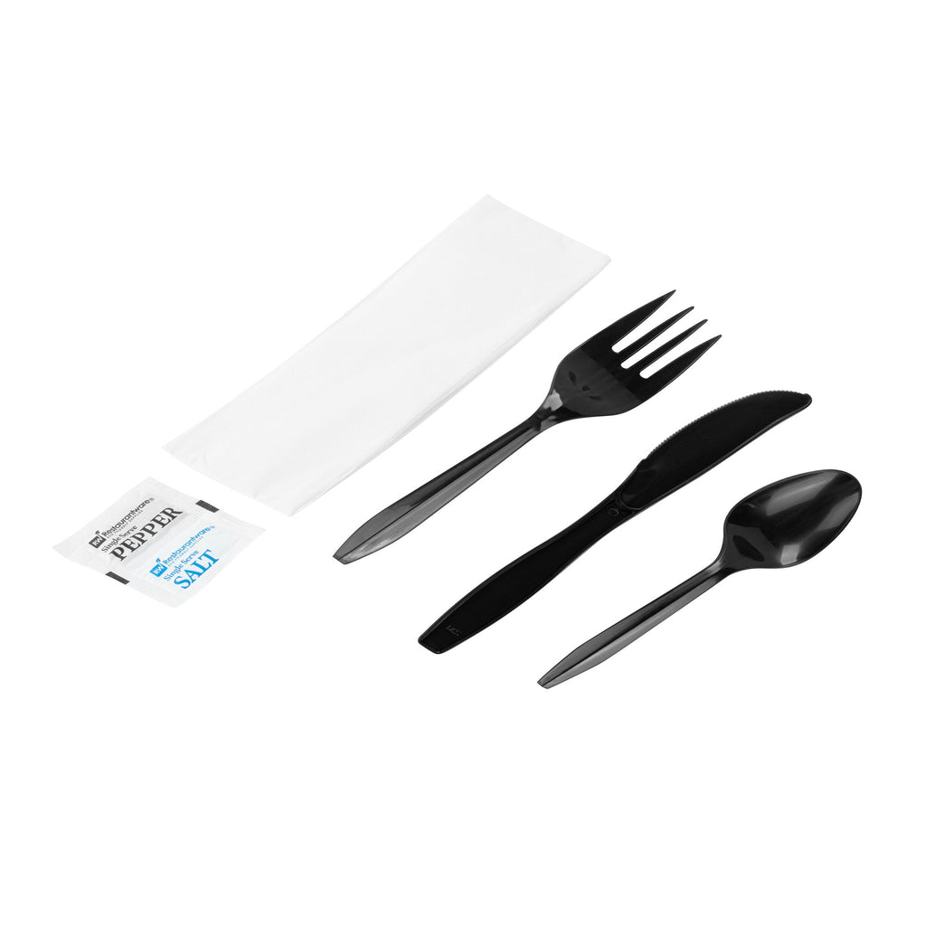 Chef 101 Black Plastic Cutlery Set - with Napkin and Salt / Pepper Packets, Medium Weight, Wrapped - 6 1/2" - 250 count box