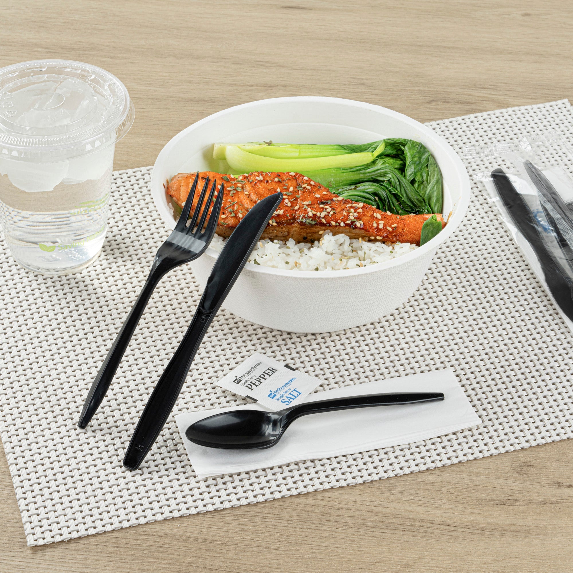 Chef 101 Black Plastic Cutlery Set - with Napkin and Salt / Pepper Packets, Medium Weight, Wrapped - 6 1/2" - 250 count box