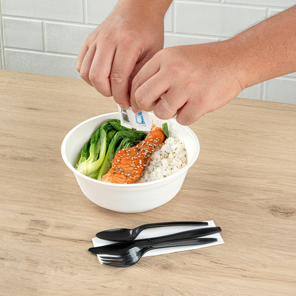 Chef 101 Black Plastic Cutlery Set - with Napkin and Salt / Pepper Packets, Medium Weight, Wrapped - 6 1/2" - 250 count box